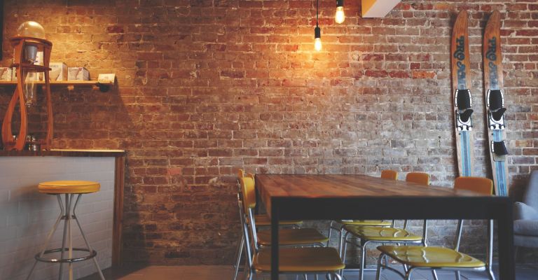 shop interior with skis and coffee table
